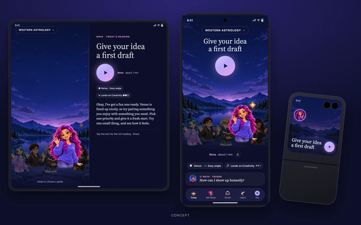 Concept: Starlight Guide on an Android phone, a foldable and a flip phone