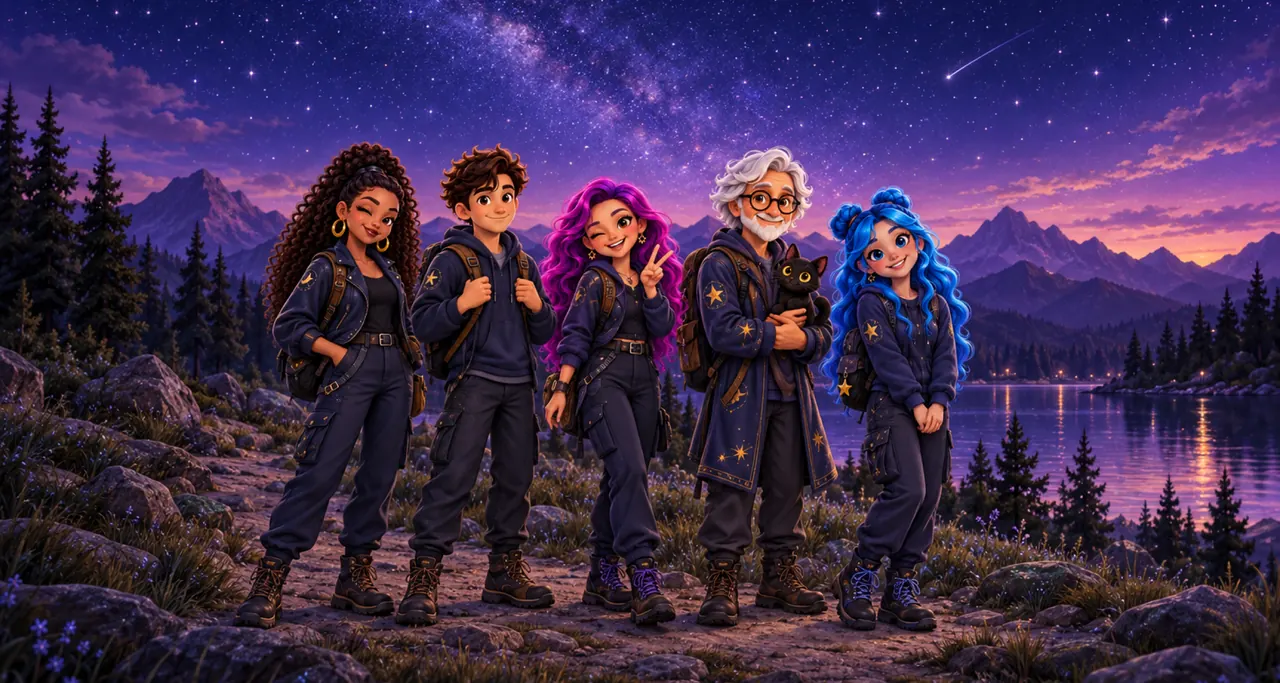 Zara, Atlas, Nova, Sage and Luna together on a starlit mountain trail beside a lake