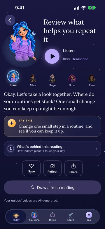 A guide reading aloud in Starlight Guide, with the Listen button