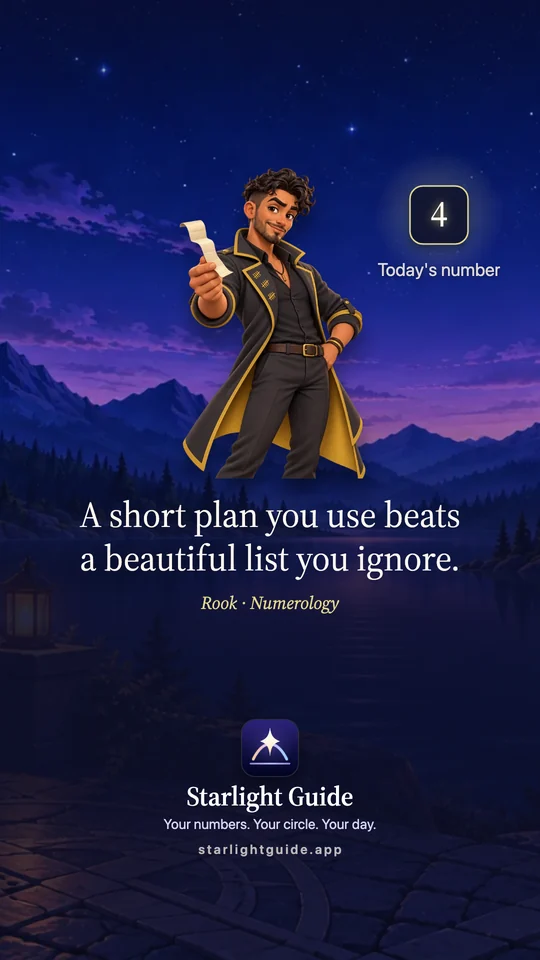 A share card: Rook, Numerology, today's number 4. 'A short plan you use beats a beautiful list you ignore.'