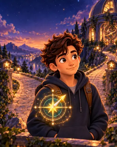 Atlas on a lantern-lit path at dusk, a glowing compass on his hoodie